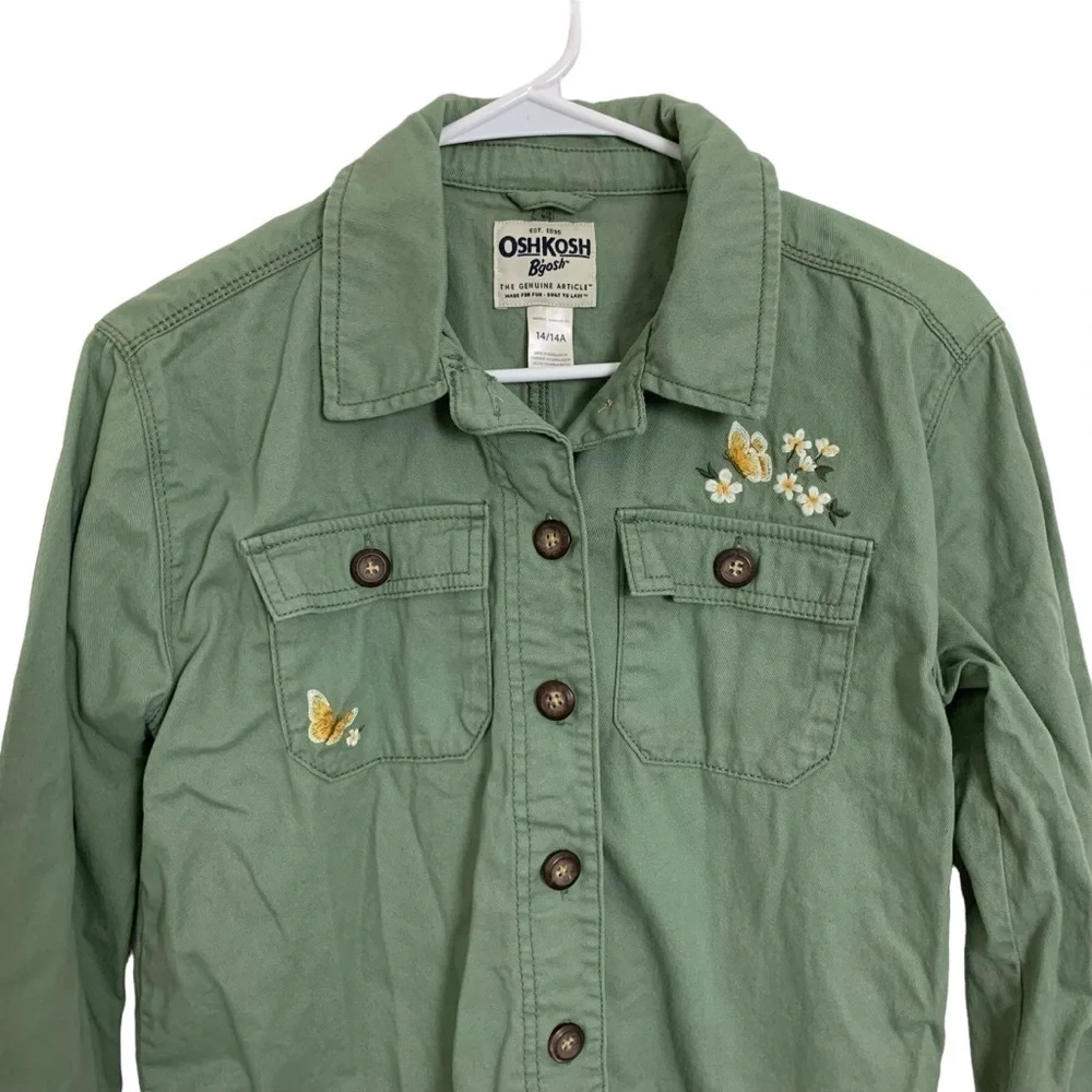 Oshkosh Girls Size 14 Button Front Shirt Shacket Jacket Embroidered Butterfly